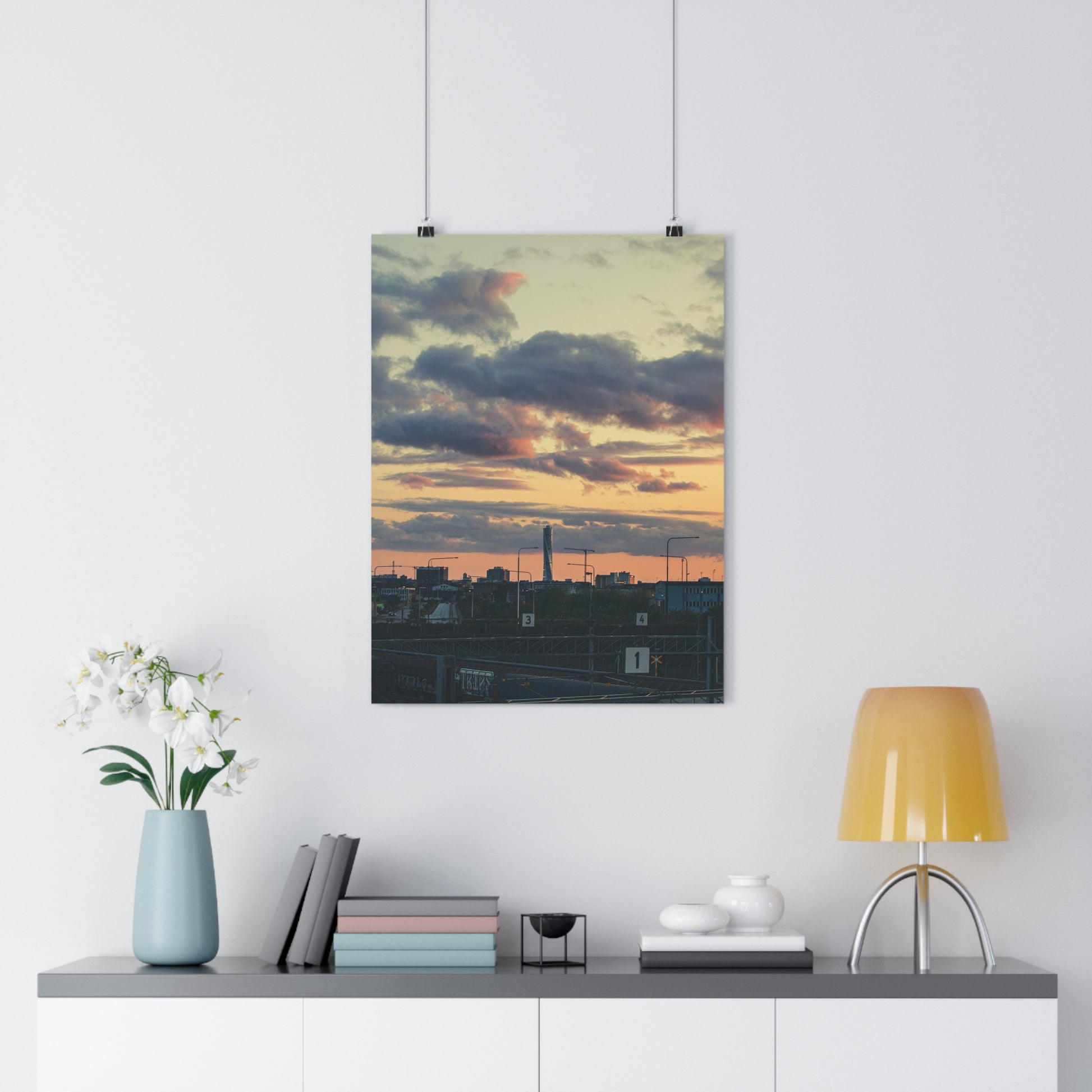 Turning Malmo Art Print -  Sunset Sky Cloudy Skyscraper Industry Train Road Evening