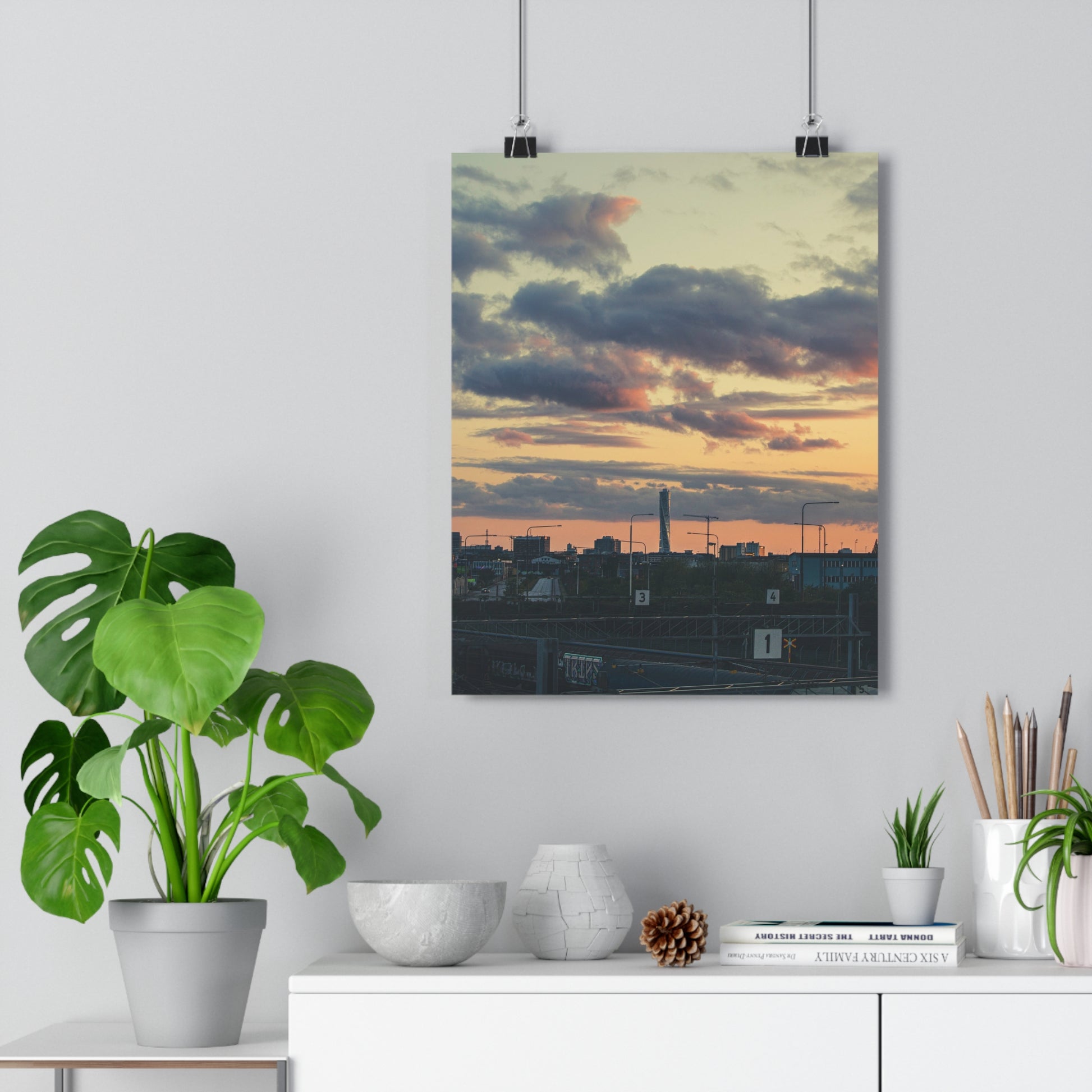 Turning Malmo Art Print -  Sunset Sky Cloudy Skyscraper Industry Train Road Evening