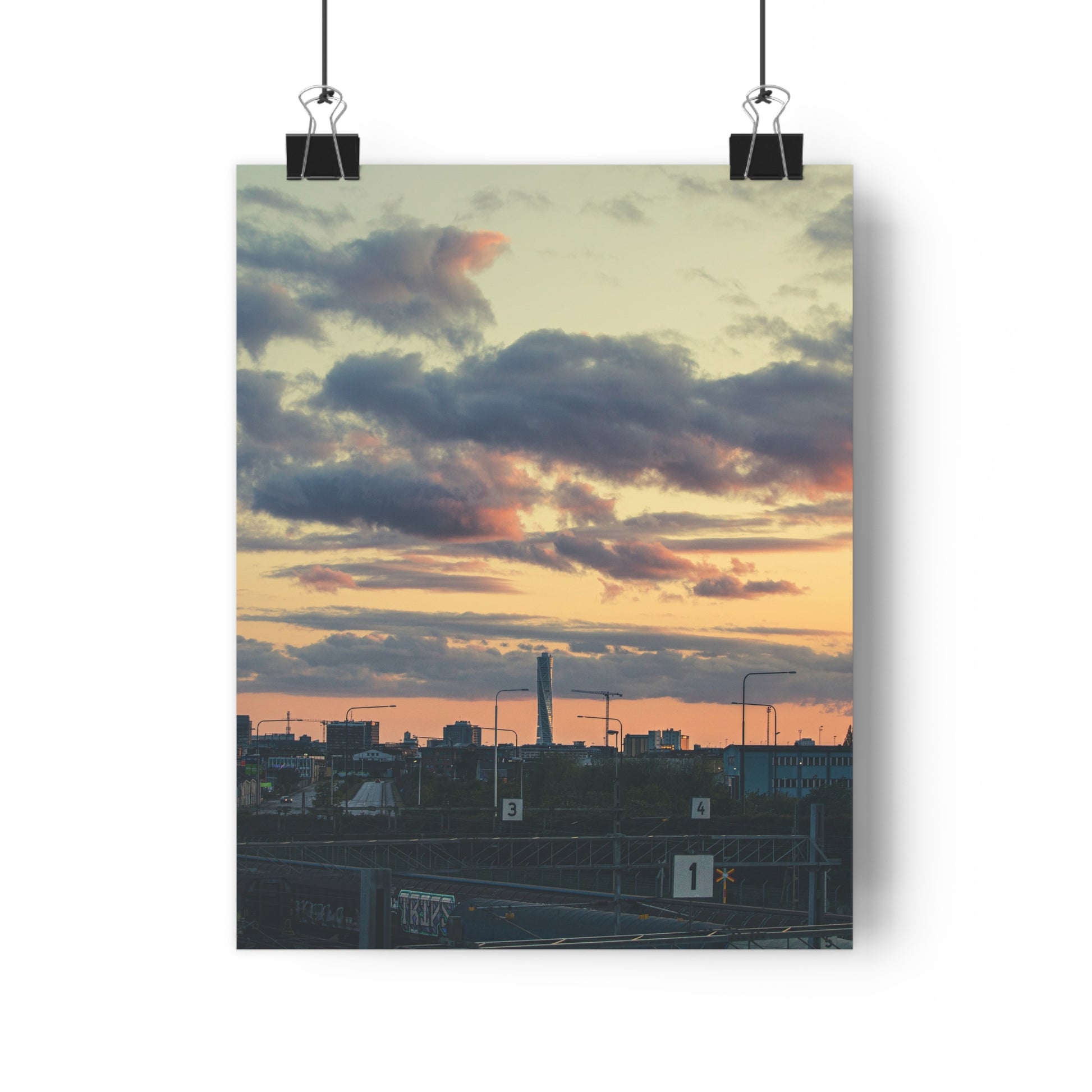 Turning Malmo Art Print -  Sunset Sky Cloudy Skyscraper Industry Train Road Evening