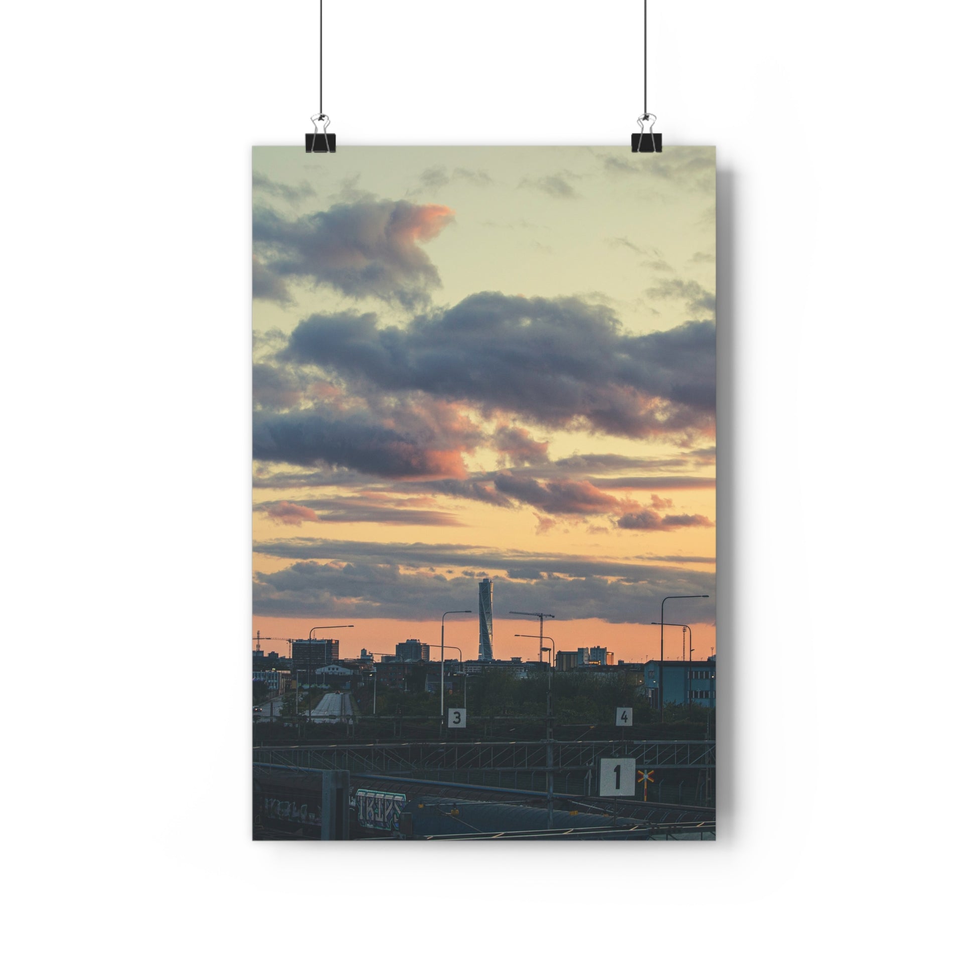 Turning Malmo Art Print -  Sunset Sky Cloudy Skyscraper Industry Train Road Evening