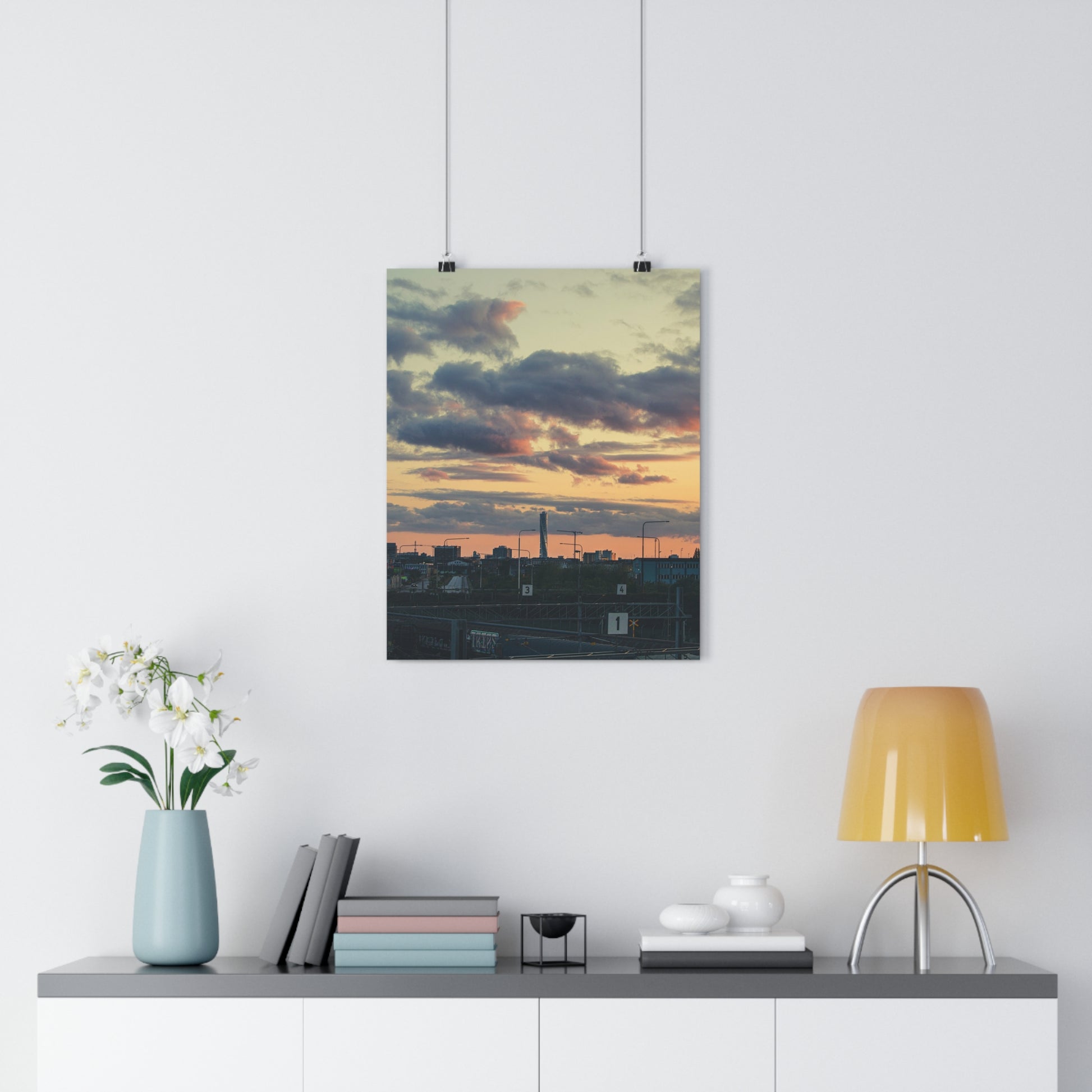 Turning Malmo Art Print -  Sunset Sky Cloudy Skyscraper Industry Train Road Evening