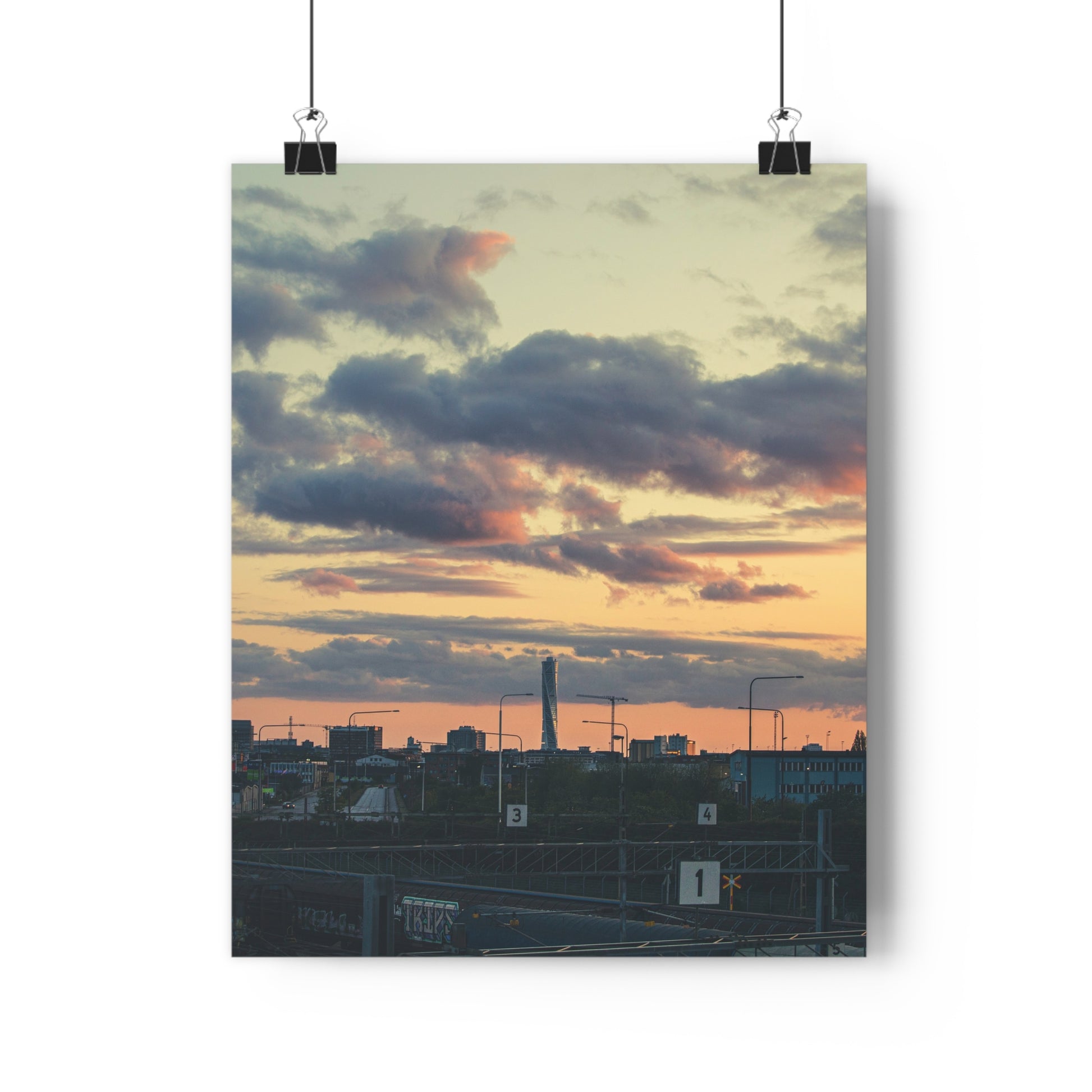 Turning Malmo Art Print -  Sunset Sky Cloudy Skyscraper Industry Train Road Evening