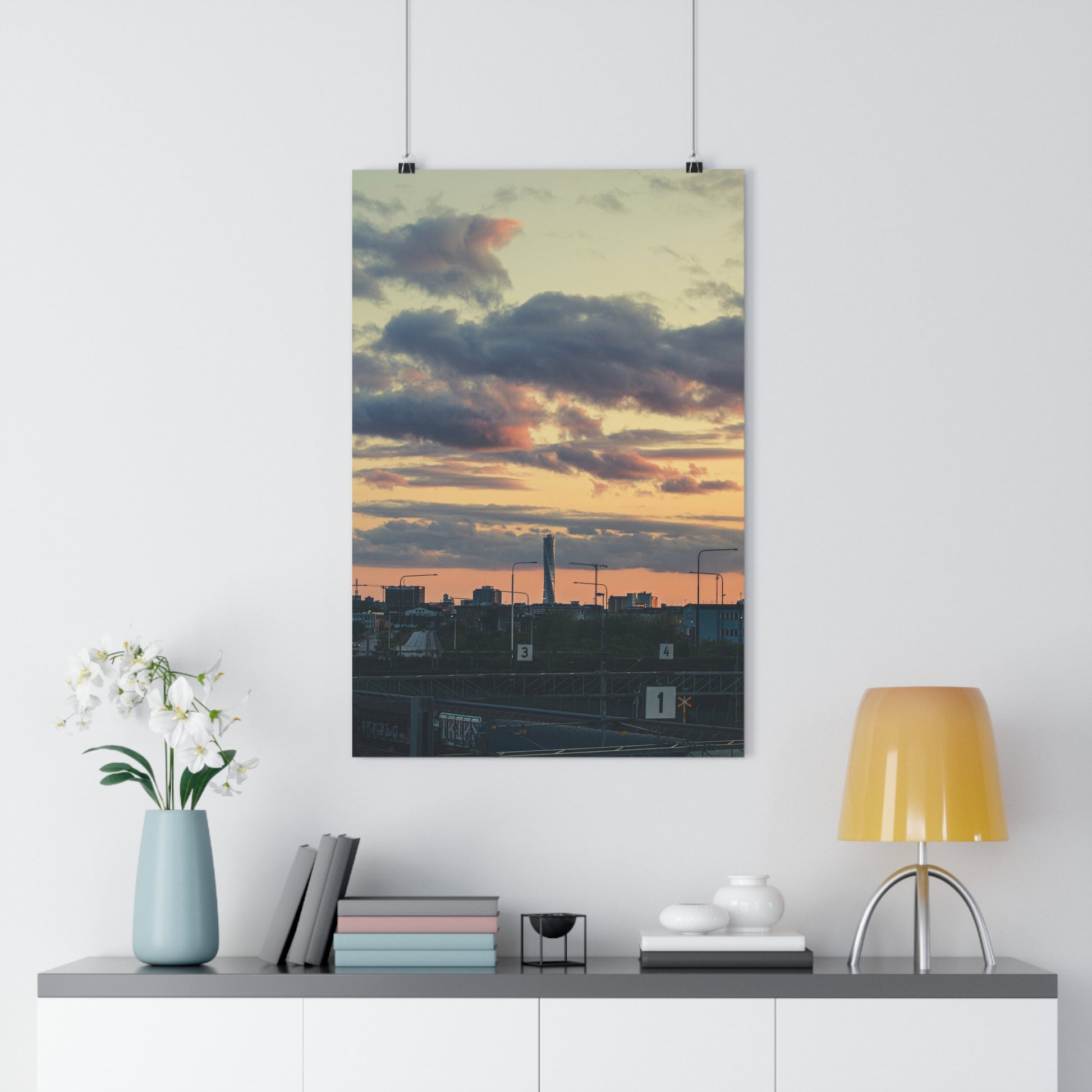 Turning Malmo Art Print -  Sunset Sky Cloudy Skyscraper Industry Train Road Evening